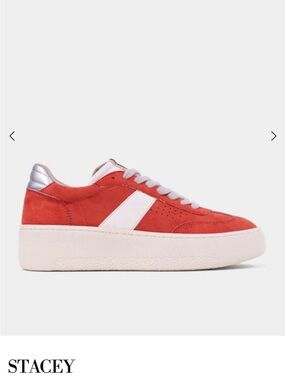 ShuShop Coral Red Suede Platform Sneaker with White Stripe and Silver Heel